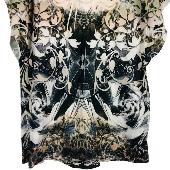 One World Womens Flutter Sleeve Top Sz Large Floral Pattern Embellished - Picture 9 of 11